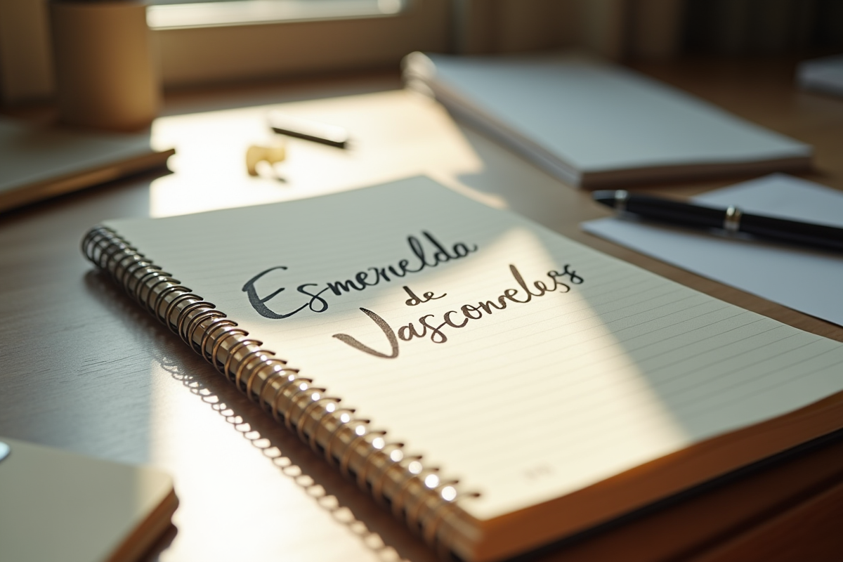 Carnet manuscrit avec nom vasconcelos sur bureau en lumière naturelle