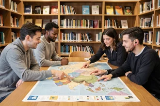 Groupe de personnes étudiant une carte géographique des pays d'Asie et de leurs langues officielles autour d'une table en bois dans une bibliothèque