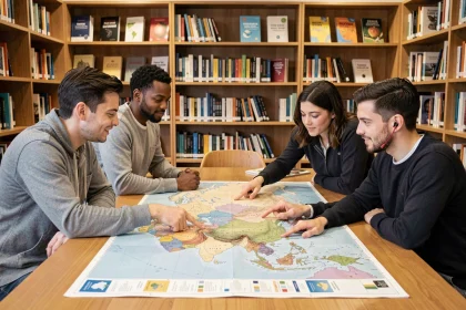 Groupe de personnes étudiant une carte géographique des pays d'Asie et de leurs langues officielles autour d'une table en bois dans une bibliothèque