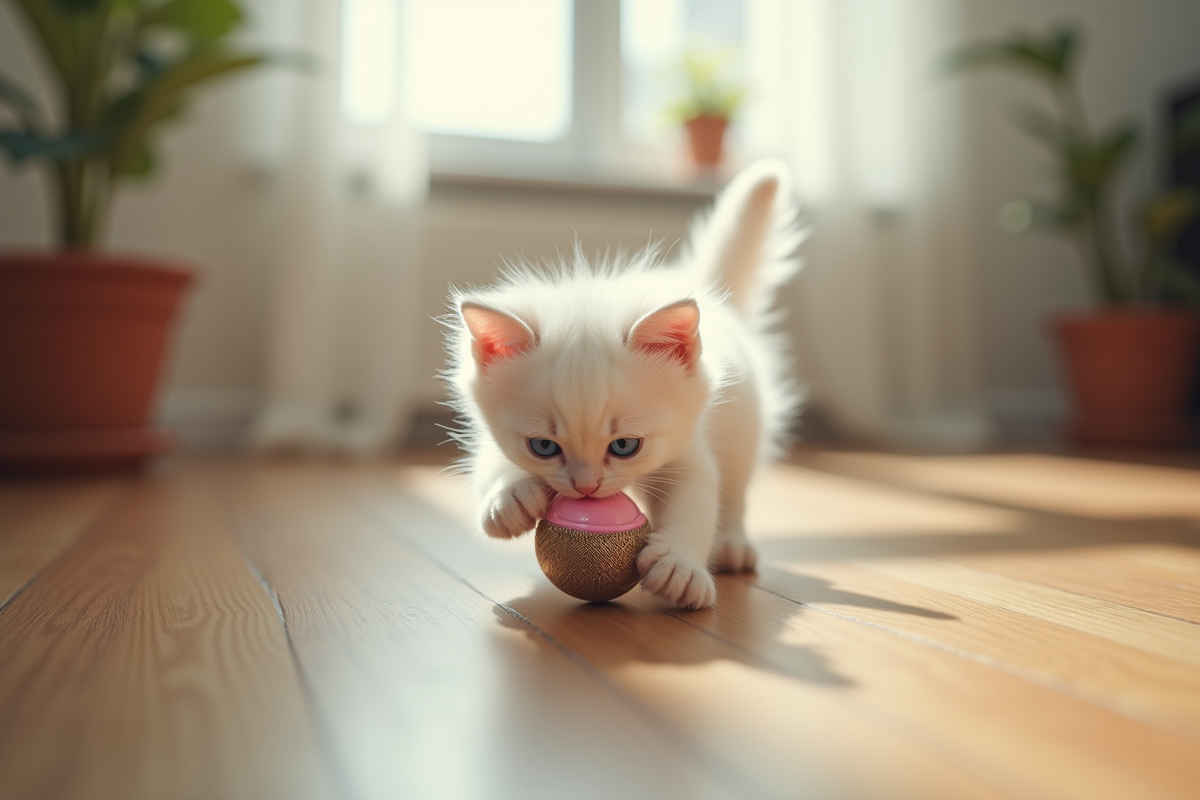 Chaton blanc jouant avec un jouet sur le sol en bois