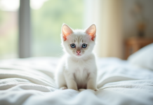 Chaton blanc aux yeux bleus sur une couverture douce