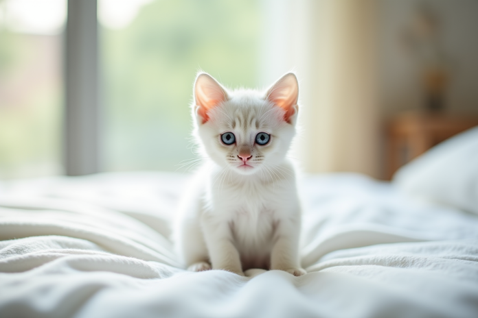 Chaton blanc aux yeux bleus sur une couverture douce