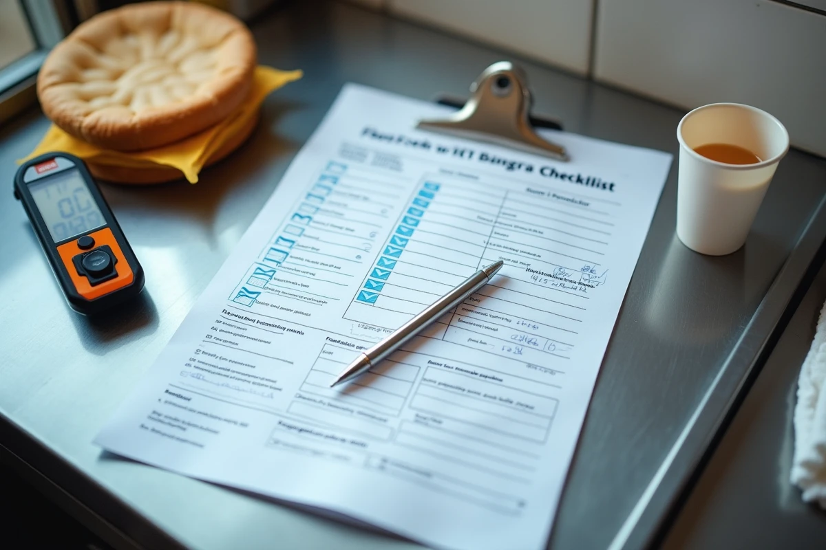 Gros plan sur une checklist d'observation de station fast-food remplie posée sur un comptoir en inox avec stylo et outils de contrôle