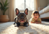 Bulldog français bleu jouant avec un enfant dans le salon