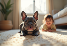 Bulldog français bleu jouant avec un enfant dans le salon