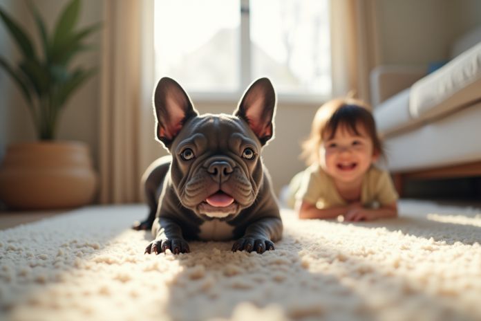 Bulldog français bleu jouant avec un enfant dans le salon