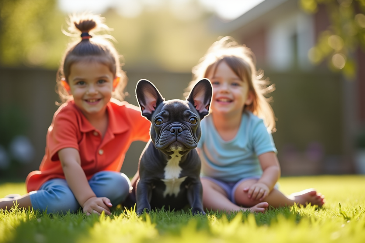 Bulldog français bleu assis avec deux enfants dans le jardin