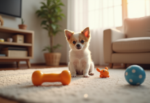 Chiot Chihuahua joueur sur tapis dans un salon lumineux