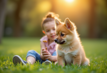 Chiot finnish spitz assis sur l'herbe en plein soleil