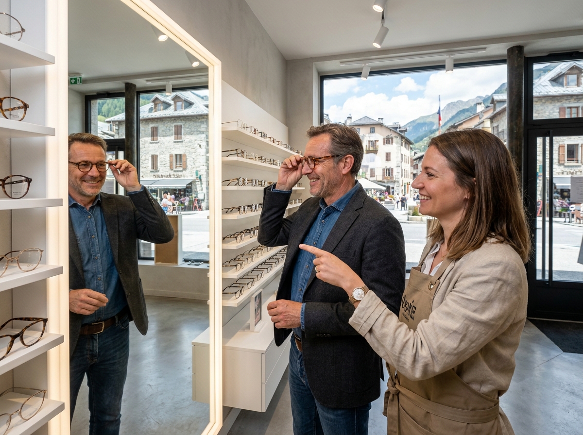 Client choisissant des lunettes avec l'aide d'un opticien dans une boutique d'optique en région iséroise