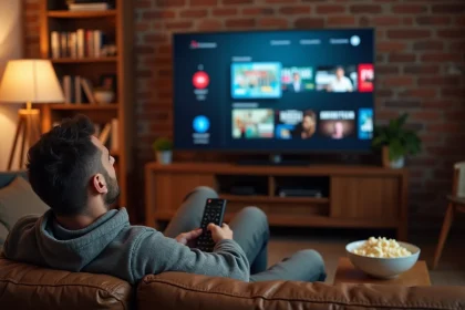 Homme parcourant une interface de streaming sur sa télévision dans un salon cosy en 2026