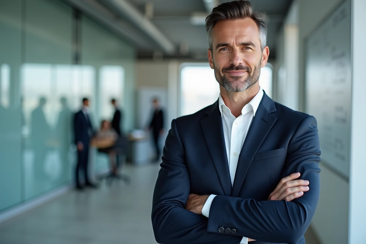 Homme en costume marine affichant un sourire sûr de lui dans un couloir de bureau contemporain