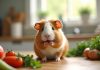 Cochon d'Inde mangeant des légumes frais dans une cuisine lumineuse