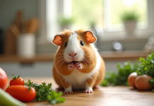 Cochon d'Inde mangeant des légumes frais dans une cuisine lumineuse