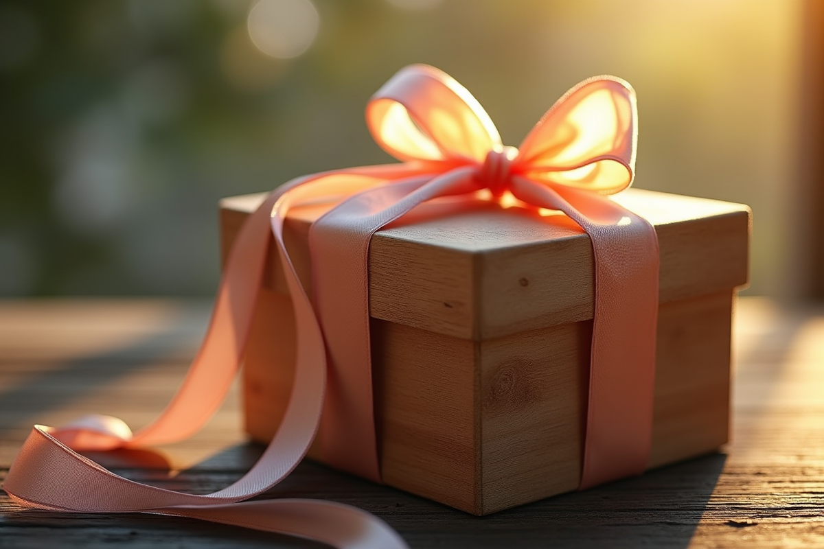 Coffret cadeau anniversaire avec ruban en satin sur bois rustique