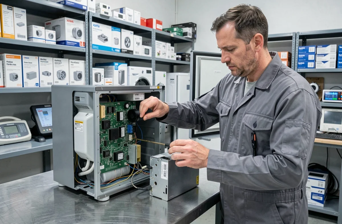Technicien spécialisé de Cogelec Le Perreux inspectant les composants d'un réfrigérateur dans un atelier professionnel au Perreux-sur-Marne