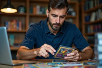 Collectionneur adulte examinant une carte Dracaufeu holographique rare avant une négociation d'achat