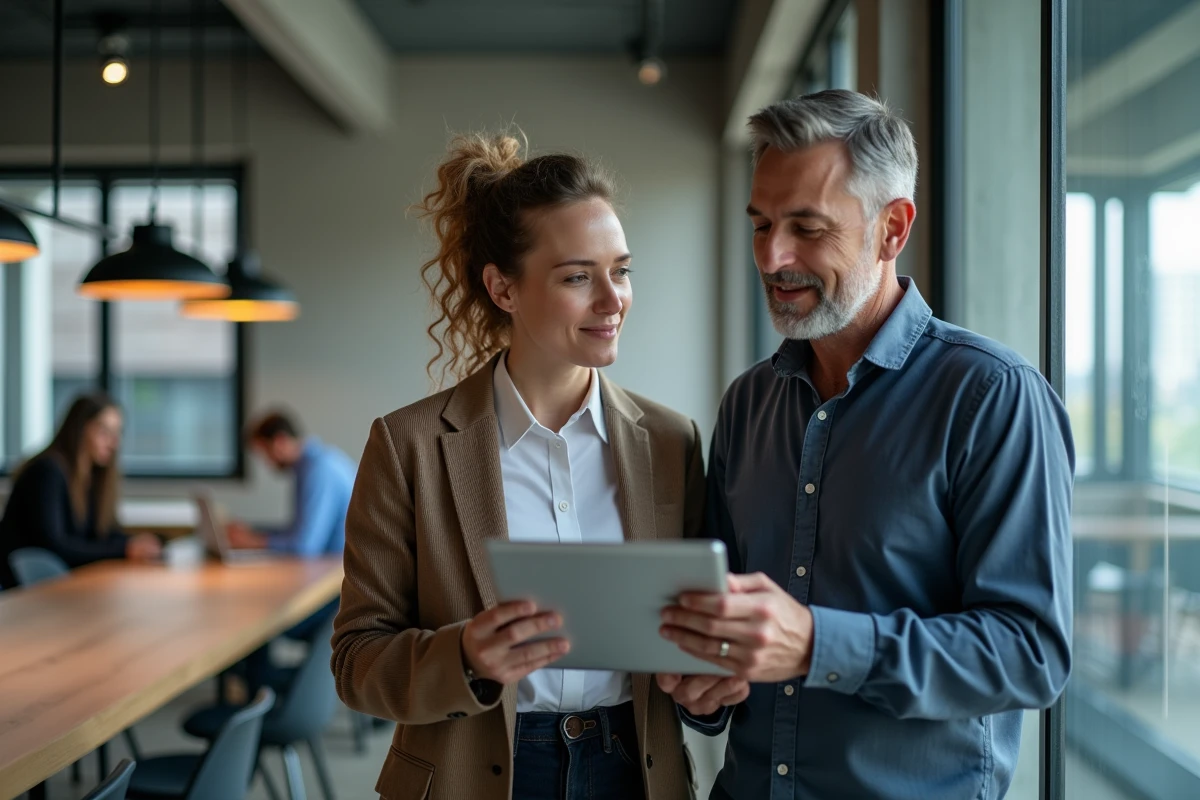 Deux collègues consultant un agenda partagé en ligne avec les semaines impaires dans un espace de coworking