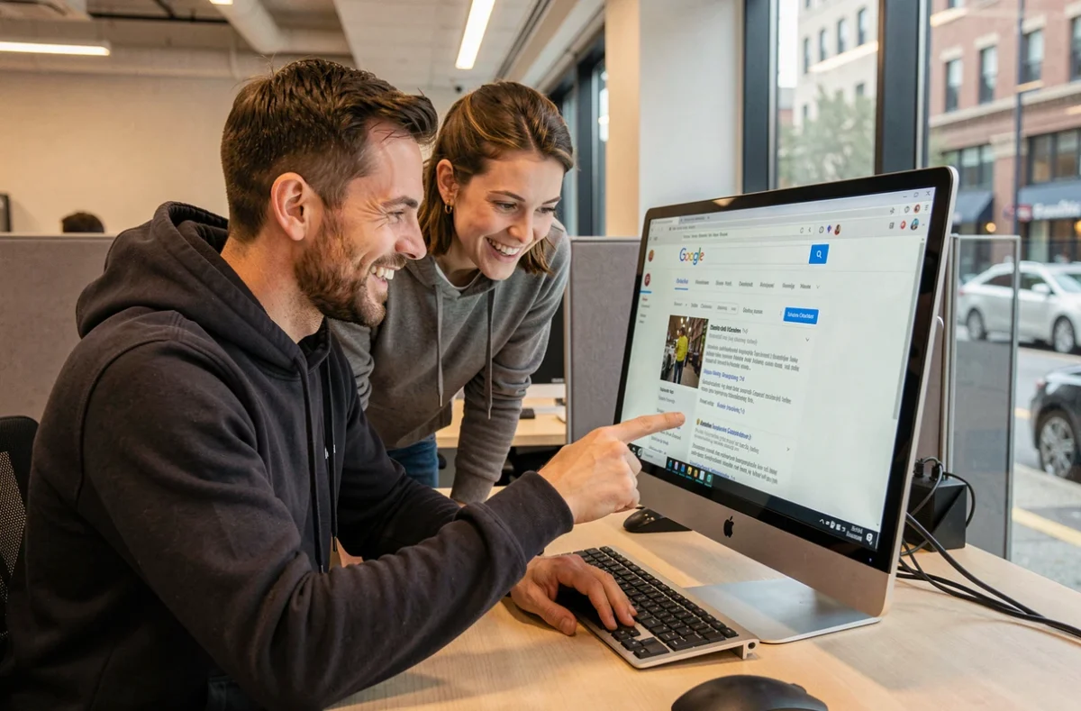 Deux collègues dans un espace de coworking observant l'animation Google Do a Barrel Roll sur un écran d'ordinateur
