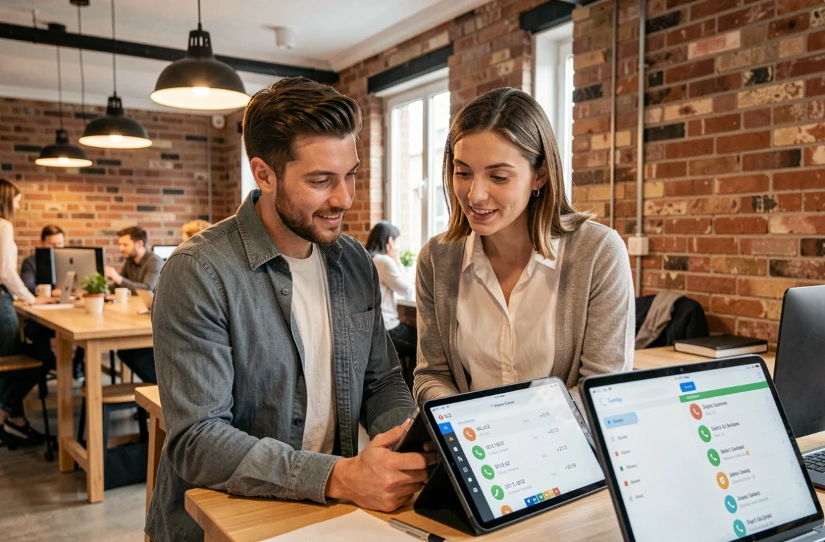 Deux collègues consultant un répertoire téléphonique avec des numéros internationaux dont le préfixe +212 sur une tablette dans un espace de coworking