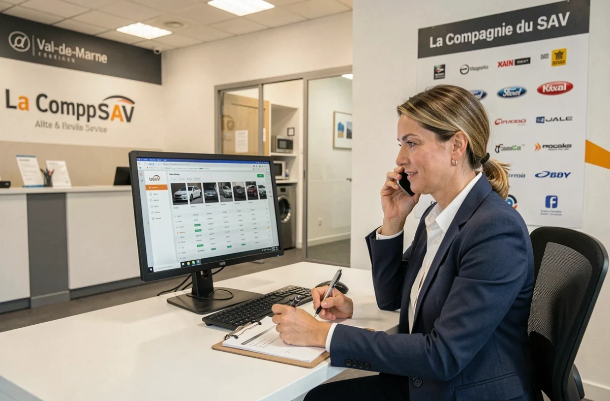 Conseillère de La Compagnie du SAV gérant des demandes de service après-vente multimarque dans son bureau professionnel dans le 94