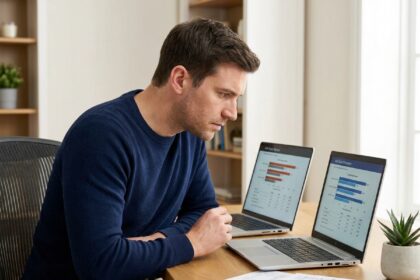 Homme en pull bleu marine comparant deux laptops avec des données de processeurs sur un bureau en bois moderne dans un bureau à domicile