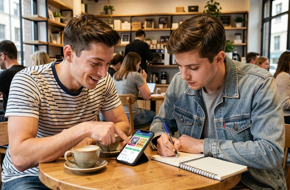 Deux amis comparant des sites alternatifs pour acheter des cartes Pokémon fiables, assis dans un café avec un smartphone et un carnet