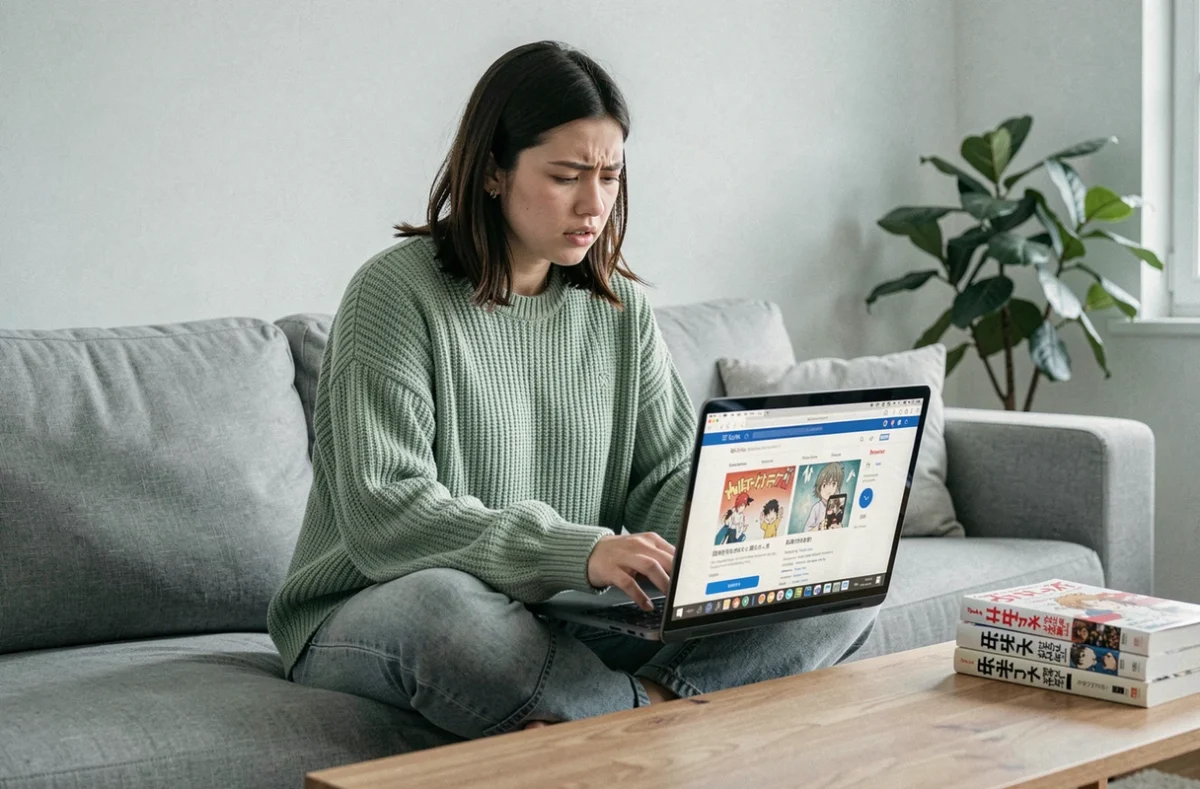 Jeune femme comparant des sites de lecture de manga en ligne sur son ordinateur portable dans un salon moderne