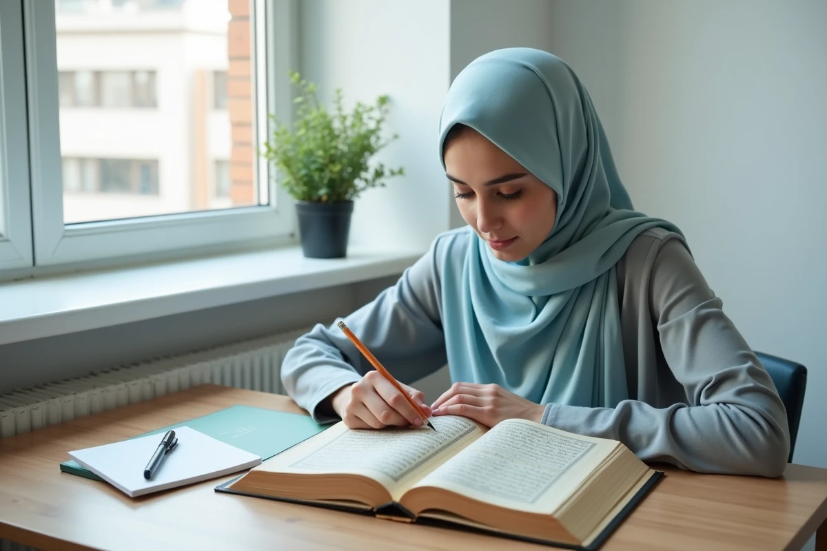 Jeune femme voilée comparant plusieurs traductions françaises du Coran dont la sourate Al Kahf à son bureau
