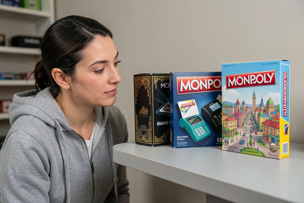 Comparaison des boîtes de Monopoly classique, électronique et Monopoly Ville côte à côte