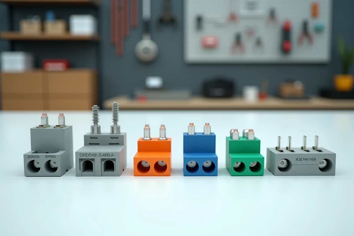 Comparatif de différentes bornes de connexion électrique : vissée, à ressort, enfichable et à cage, disposées sur un établi