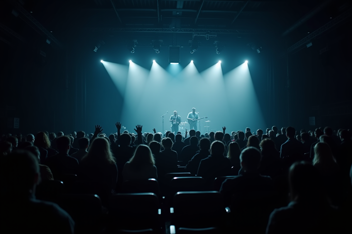 Public fidèle dans une salle de concert sombre en soirée