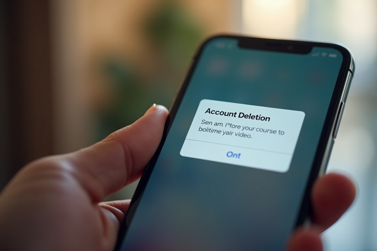 Smartphone affichant une confirmation de suppression de compte