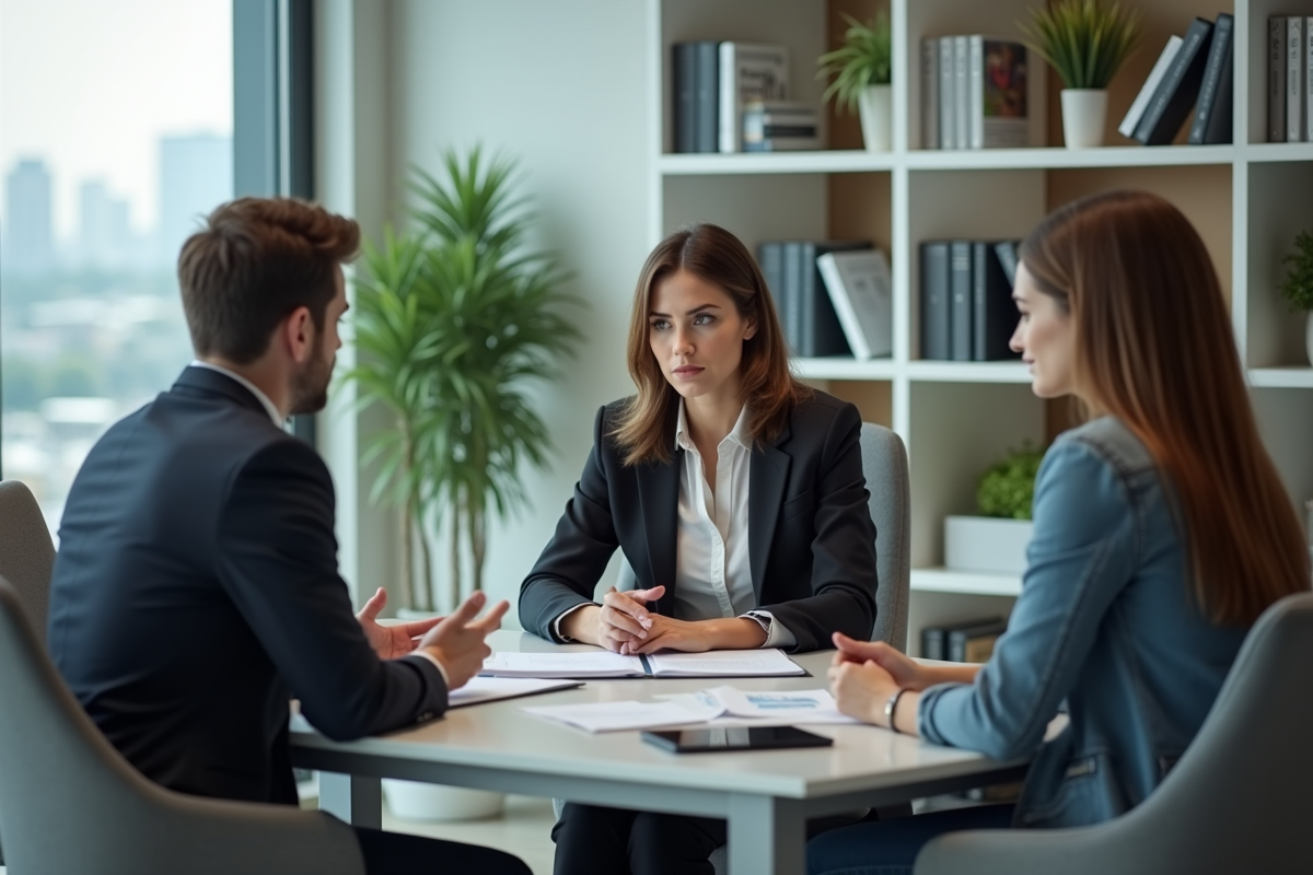 Consultation entre une conseillère financière et un jeune couple au bureau