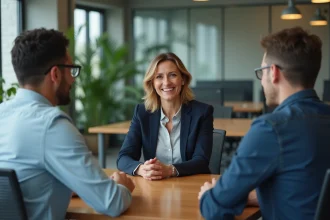 Consultante RH externalisée en réunion avec des employés dans un bureau moderne, illustrant le maintien du lien humain lors d'une externalisation RH