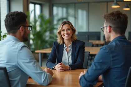 Consultante RH externalisée en réunion avec des employés dans un bureau moderne, illustrant le maintien du lien humain lors d'une externalisation RH