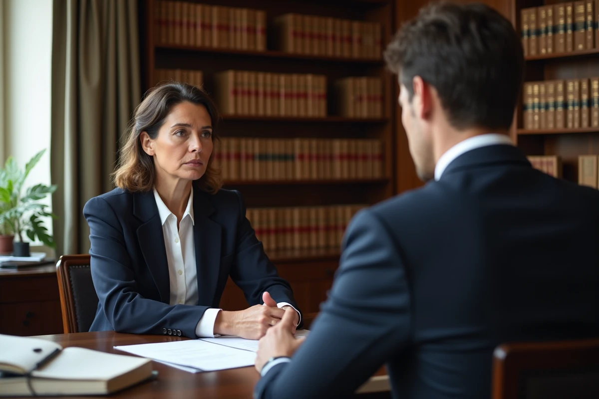 Femme consultant un avocat dans un cabinet juridique autour de documents légaux, représentant un justiciable découvrant le sens du terme débouté
