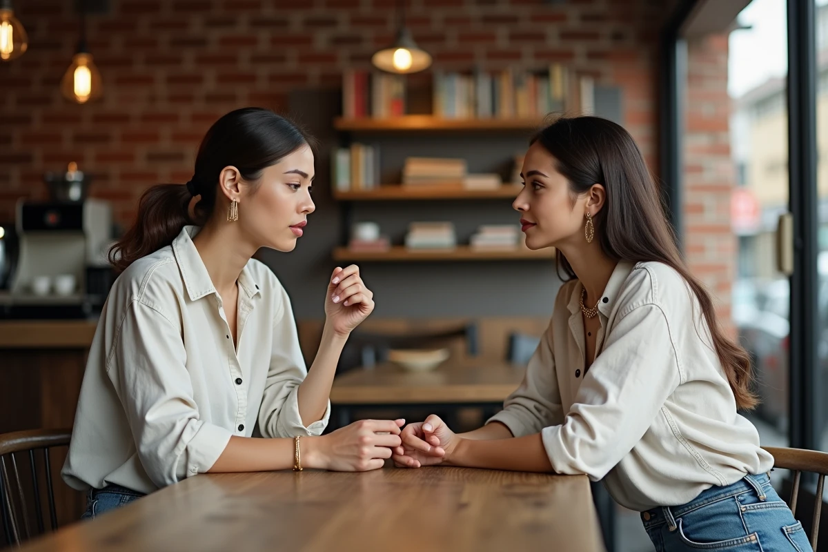 Deux femmes en conversation piquante dans un café urbain minimaliste aux murs de briques