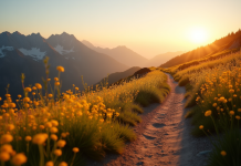 Paysage de montagne ensoleille au coucher du soleil avec sentier