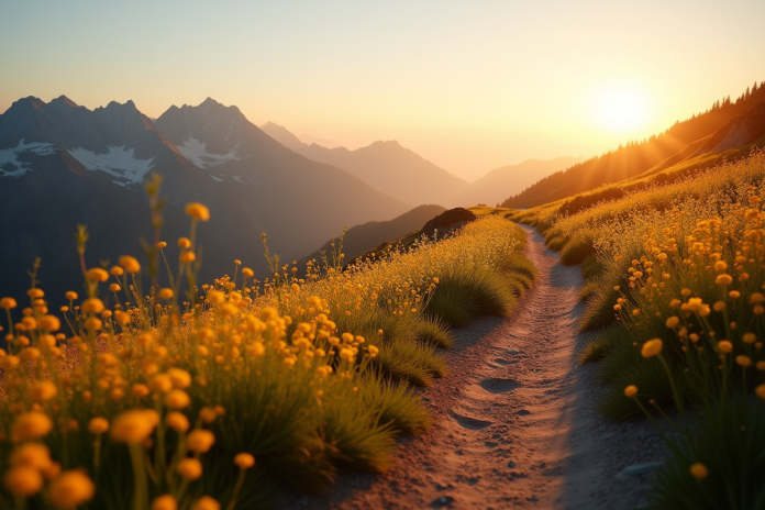 Paysage de montagne ensoleille au coucher du soleil avec sentier