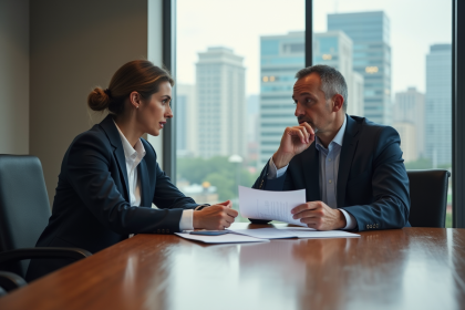 Couple d'affaires examinant des documents de prêt immobilier
