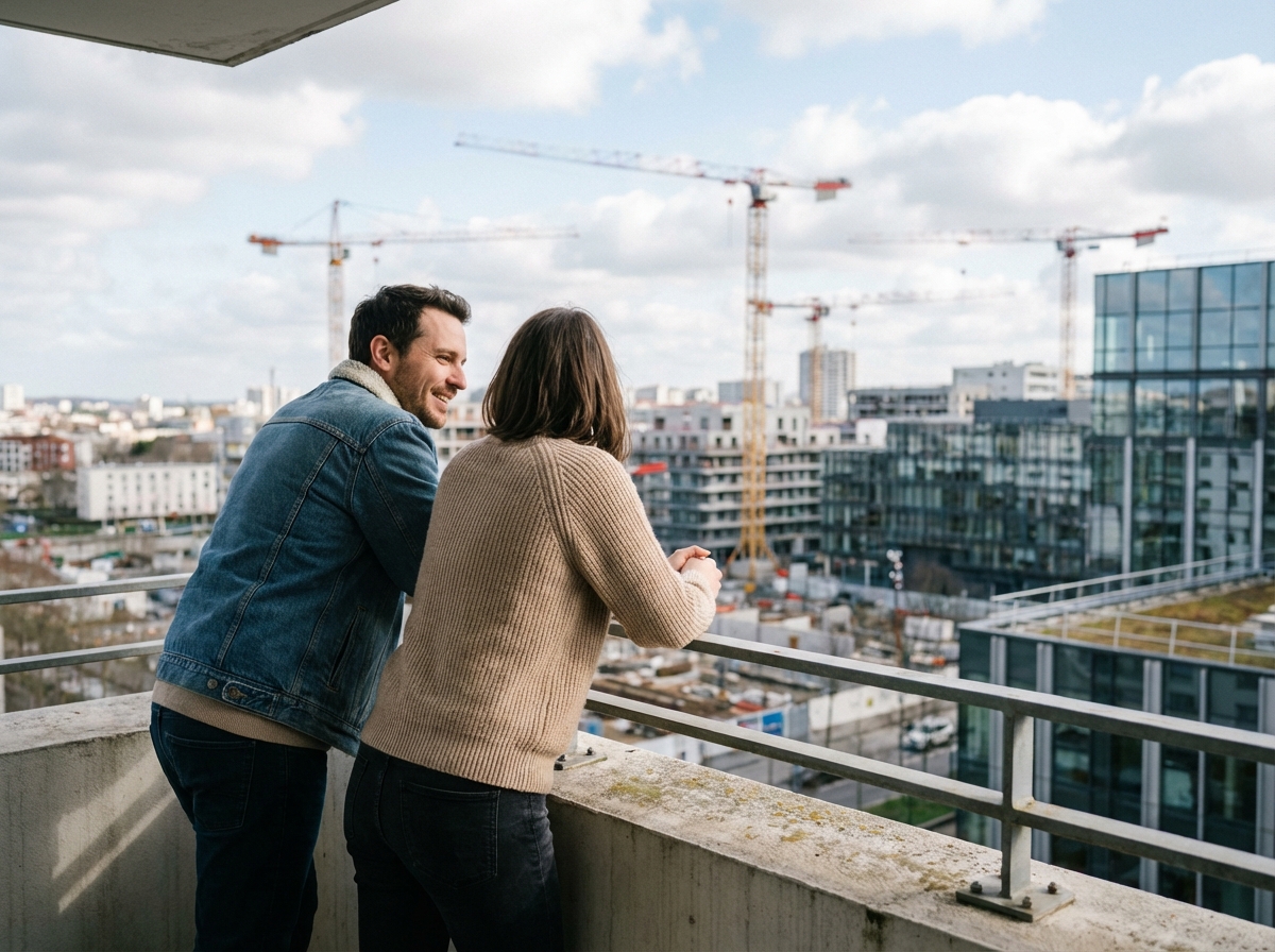 Jeune couple sur balcon avec vue urbaine à VitrysurSeine