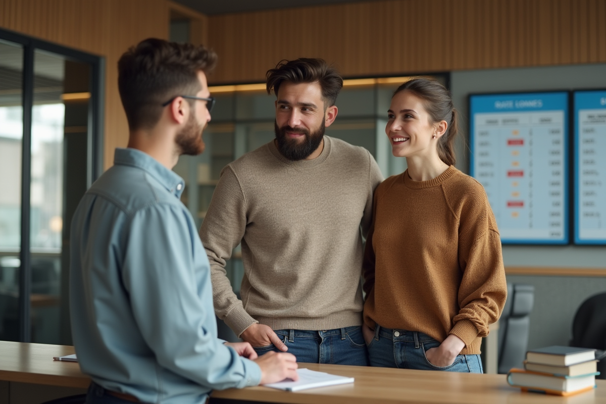 Jeune couple discute prêt immobilier avec conseiller bancaire