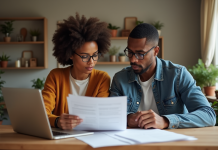 Prêt hypothécaire : avantages, inconvénients et décision à prendre Couple d'adultes examinant des documents de prêt immobilier à la maison