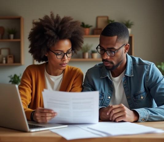 Prêt hypothécaire : avantages, inconvénients et décision à prendre Couple d'adultes examinant des documents de prêt immobilier à la maison