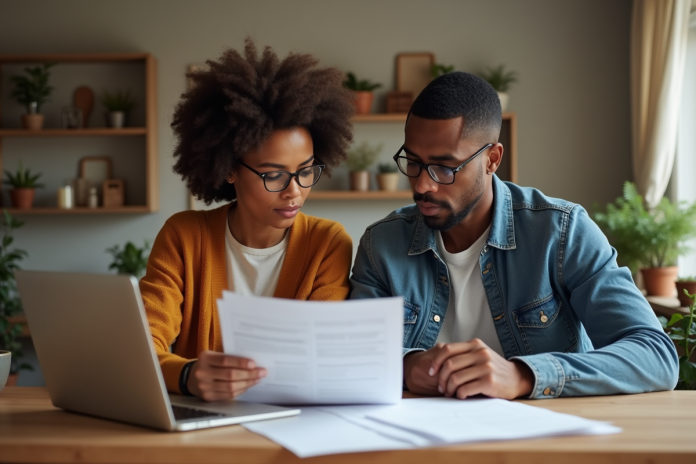 Couple d'adultes examinant des documents de prêt immobilier à la maison