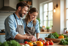 Couple souriant cuisinant avec des légumes frais dans une cuisine lumineuse