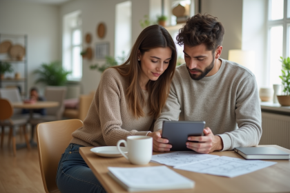 Couple discutant de plans d appartement à la table