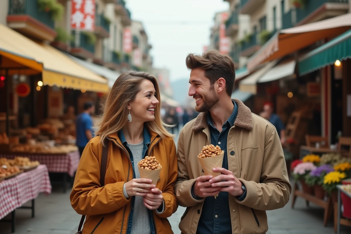 Jeune couple se promenant et grignotant dans un marché de rue animé le dimanche matin
