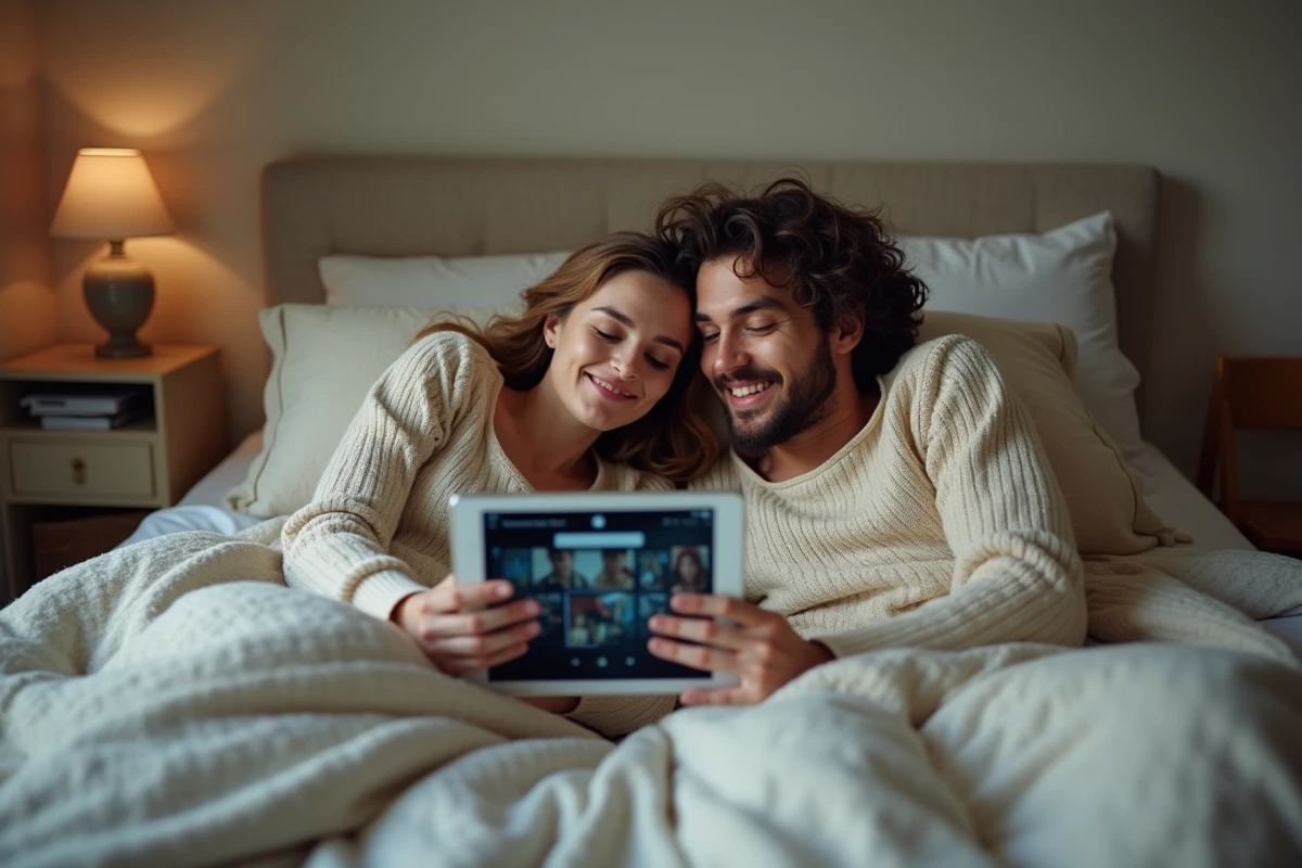 Couple partageant une tablette pour choisir un film en streaming dans une chambre à coucher